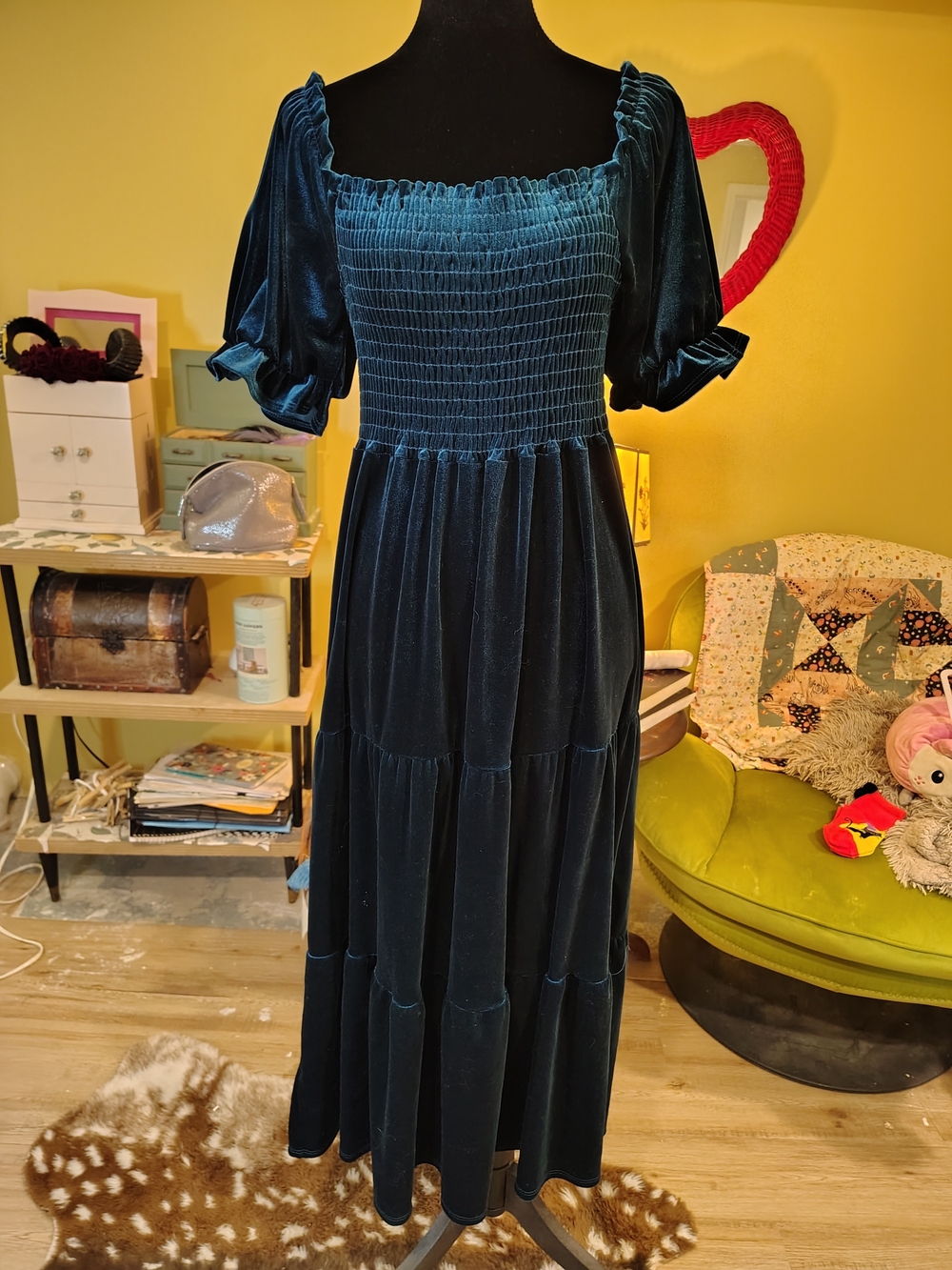 Velvet Smocked Square-Neck Midi Dress in Deep Teal